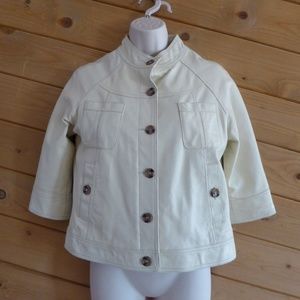 Priorities Cream Soft Lamb Genuine Leather Button Up Crop 3/4 Sleeve Jacket S
